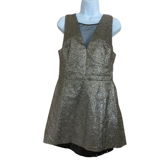 SB by Sachin & Babi Metallic Fit & Flare Mesh V-Neck Mini Party Dress Sz 10 Gold - Picture 6 of 11